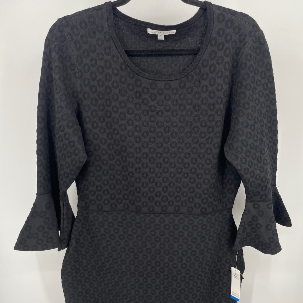 Sandra Darren Black Textured Knit Bell Sleeve Flounce Hem Dress 96224 XL NEW
